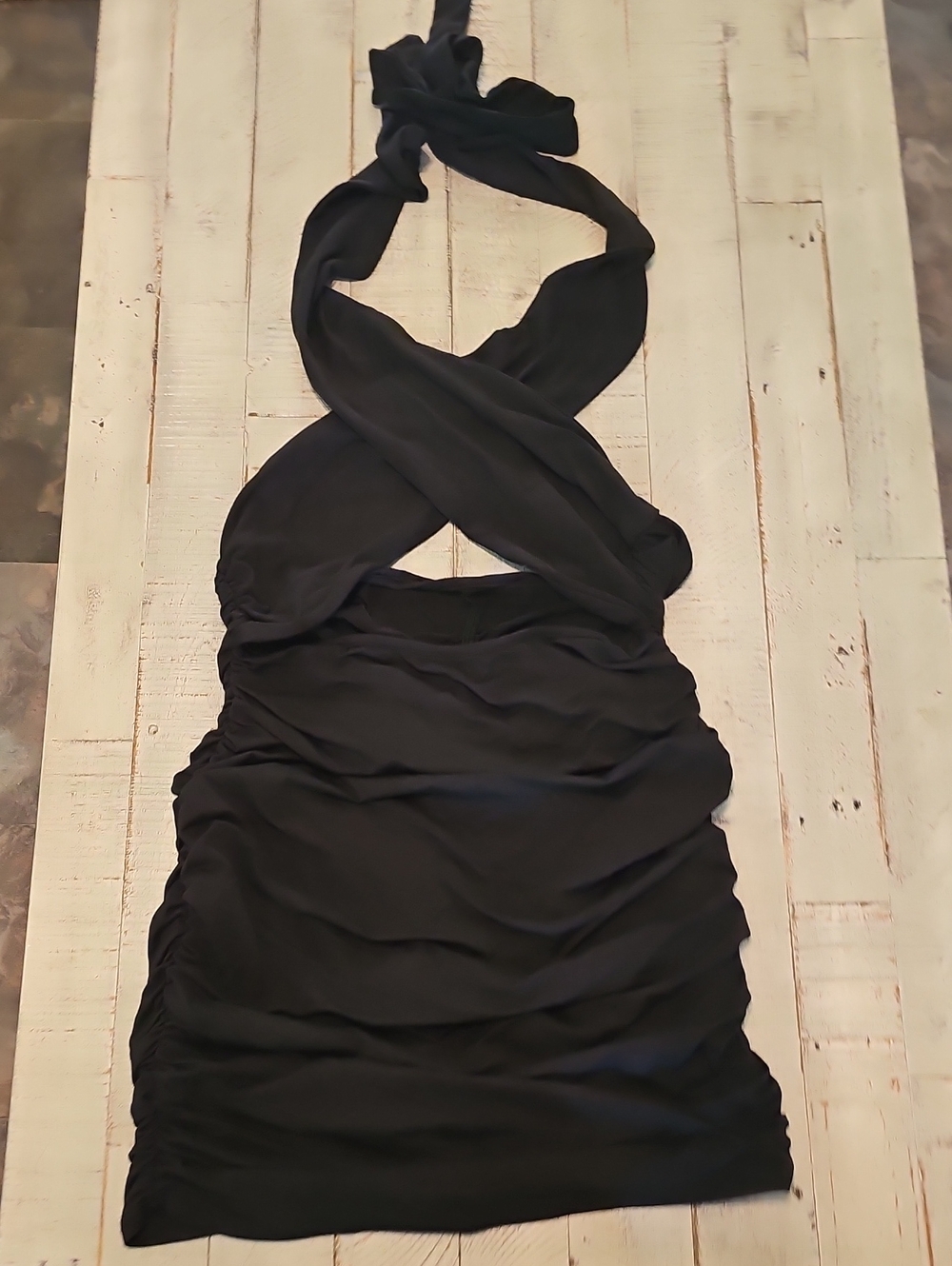 Black Cross Halter Ruched Mini Dress Like NEW